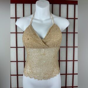 Vintage Y2K OHS Champagne Backless Sequin Beaded Rave Fairycore Halter Top